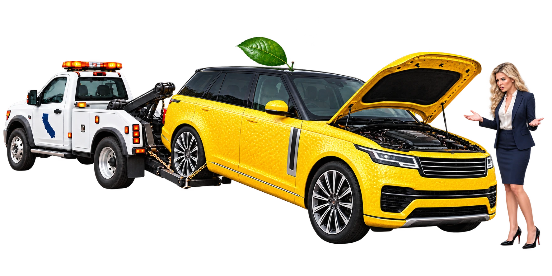 A tow truck carrying a lemon-yellow car with an open hood, beside a frustrated owner in California