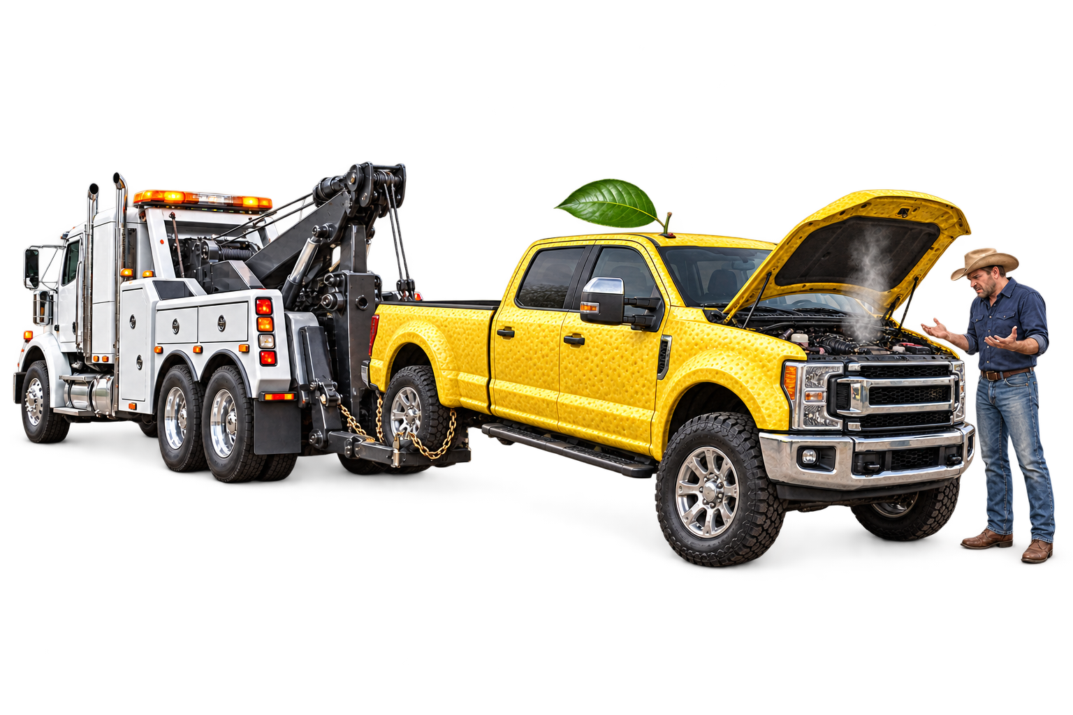 A lemon-yellow pickup with its hood open, a tow truck, and a frustrated owner wearing a cowboy hat